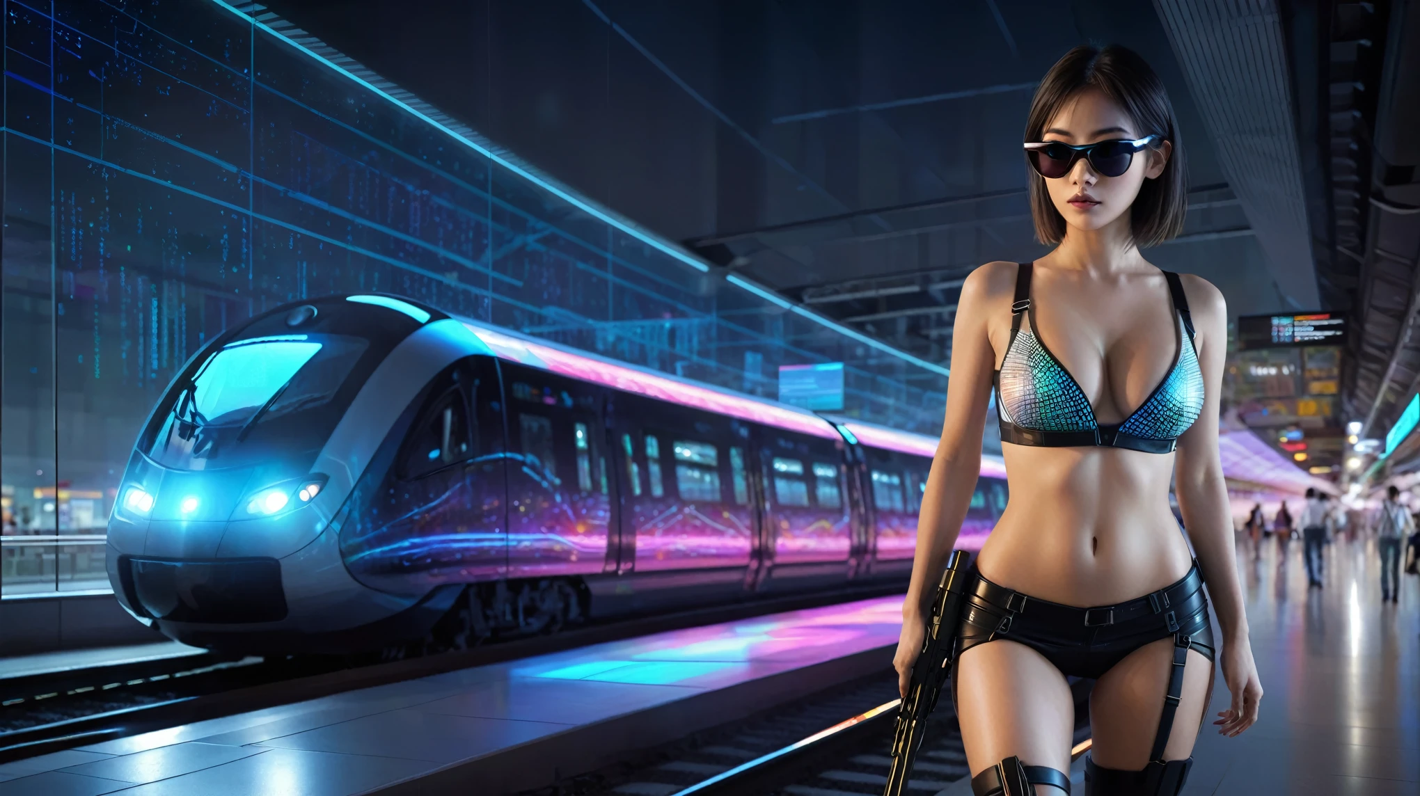 Estilo: arte conceitual. A cena: Futuristic railway station with colorful all-glass train. High-resolution OLED GUI interfaces in the building, The windows are filled with transparent data visualization infographics that show it all, from weather patterns to traffic flow, Matrix cascading code. Colors are saturated and vibrant. Adobe Photoshop zoom blur effect background. Matrix style, at night, (1girl, solo), photo realistic, medium-breast:1.3 slim body, cleavage, sling top, miniskirt, (matrix style black sunglasses, holding a short gun), half-body thigh level medium shot, cinematic lighting, ray tracing.