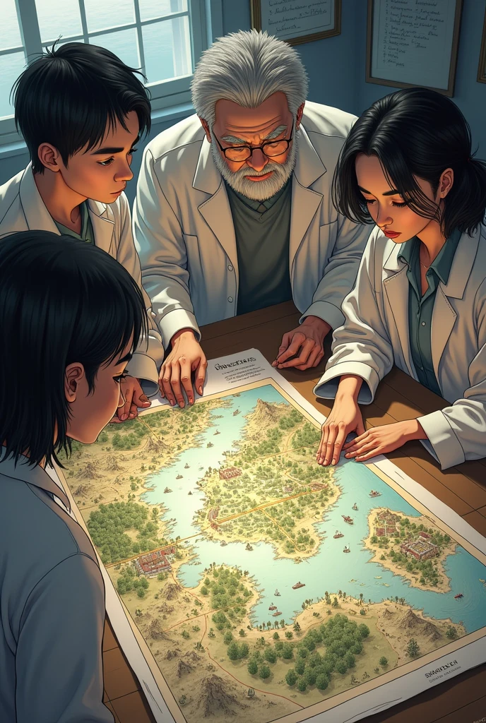 On a table a. Group of 4 scientists two young men with black hair and an old man with black hair and a white woman with loose black hair looking at a large illustrated map with landscapes such as mountains, a town and city and forests without sea.
