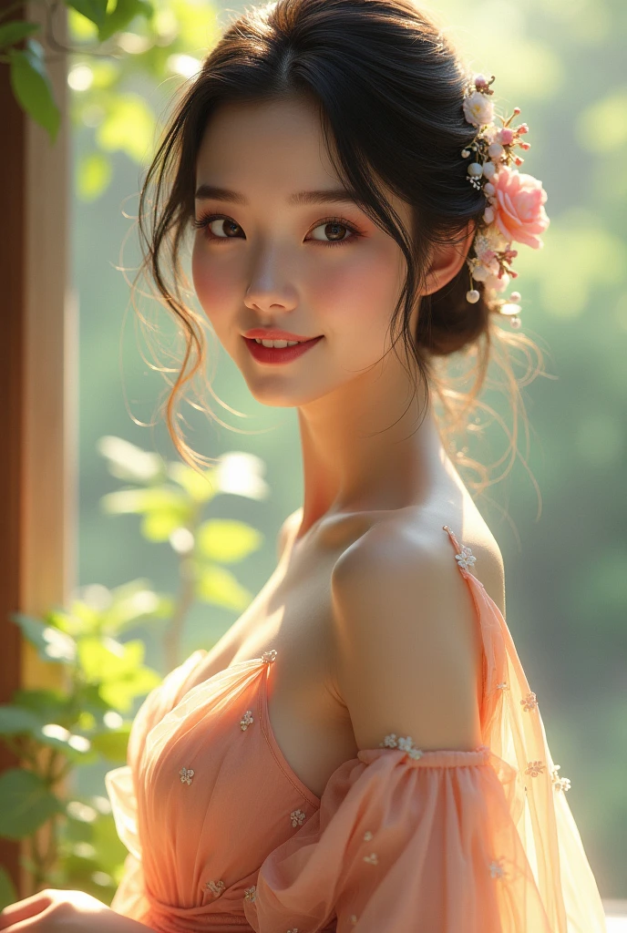 A Japanese woman wearing a dress under natural light、Looking at me with a smile、It shows her inner peace and outer charm.。