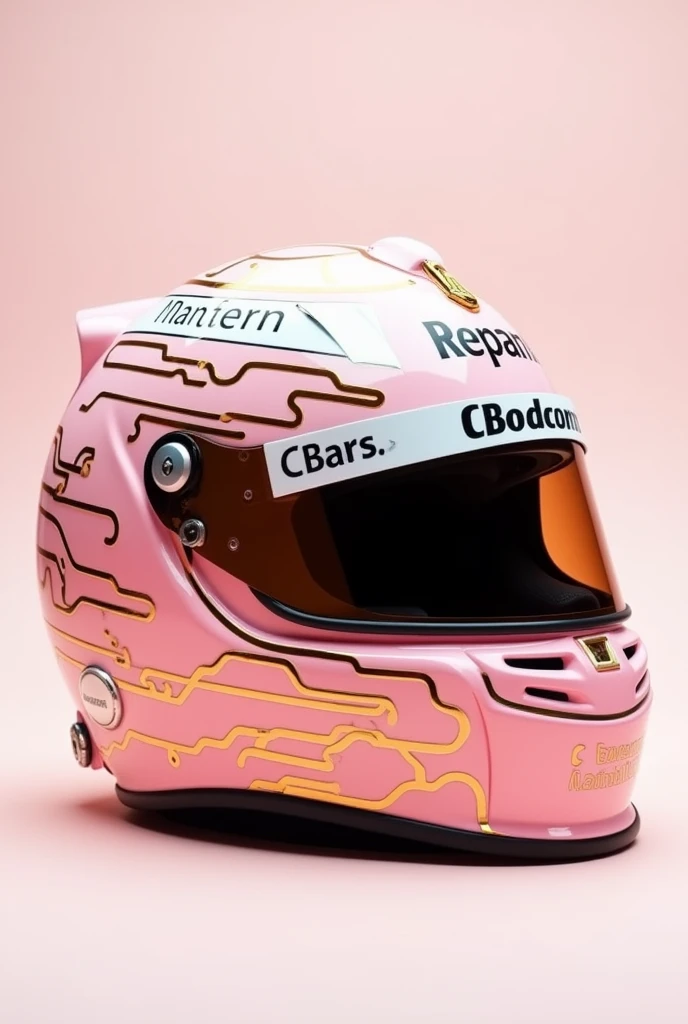 a picture of a formula 1 ferrari helmet, which is  pink with brown and gold lines on it