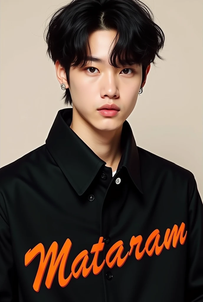 Picture Lee Jeno NCT Korean boyband, wearing a plain black jacket. It says "Mataram" and the text is orange