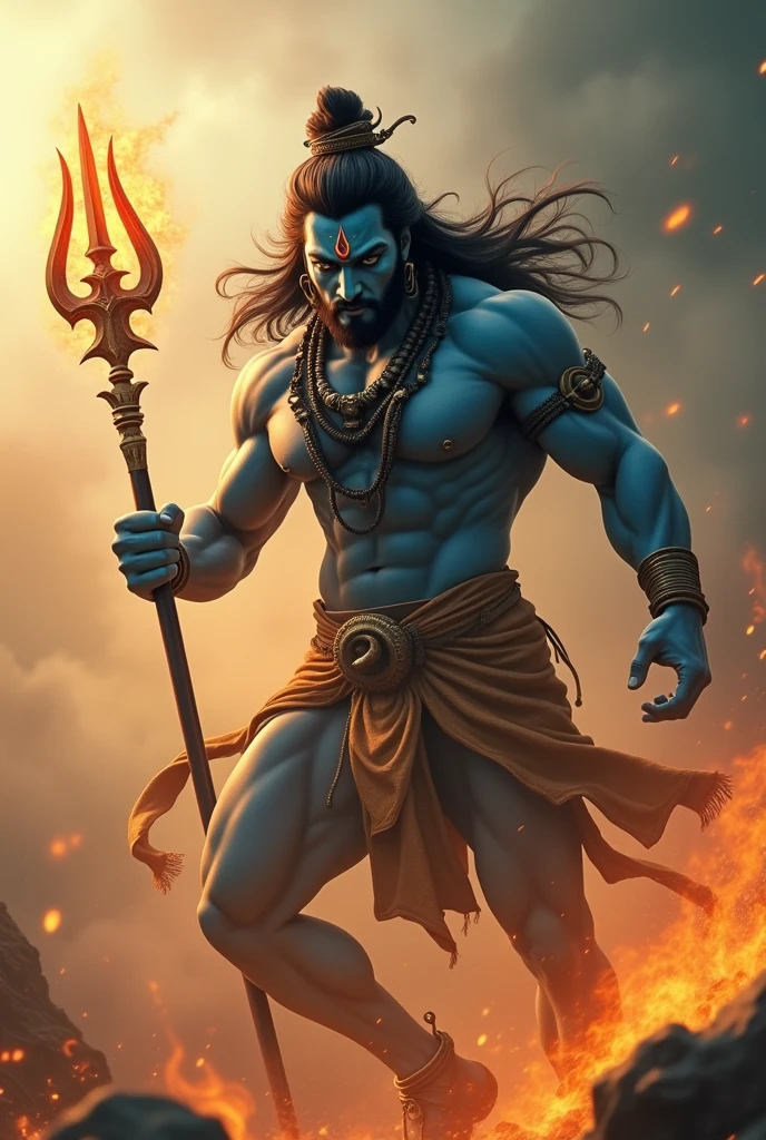 a powerful huge body, huge arms, muscular lord shiva, day light, lord shiva, ((throwing trishul towards the viewer, burning trushul, very charming face,)), closeup shot, extremely detailed skin and well detailed eyes (best quality,4k,8k,highres,masterpiece:1.2),ultra-detailed,(realistic,photorealistic,photo-realistic:1.37),dramatic lighting,cinematic composition,intricate details,vibrant colors,mystical atmosphere, fire and foggy blurry environment , dynamic action