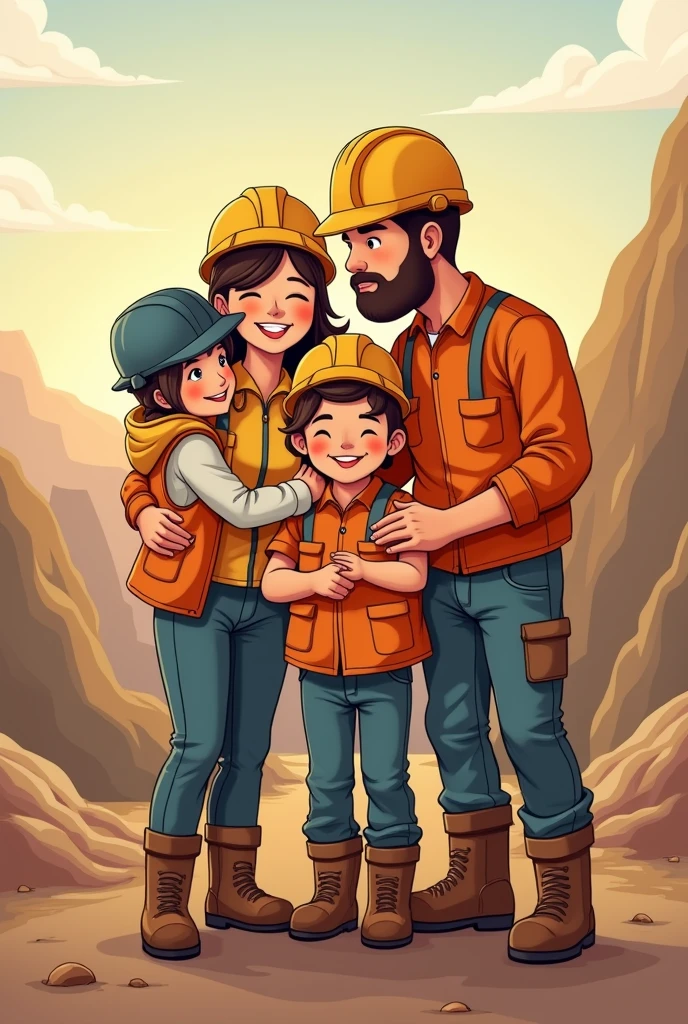 Illustration of a family of a husband who works in mining with his 6-year-old daughter, his 3-year-old son and his wife, the four embraced and loved
