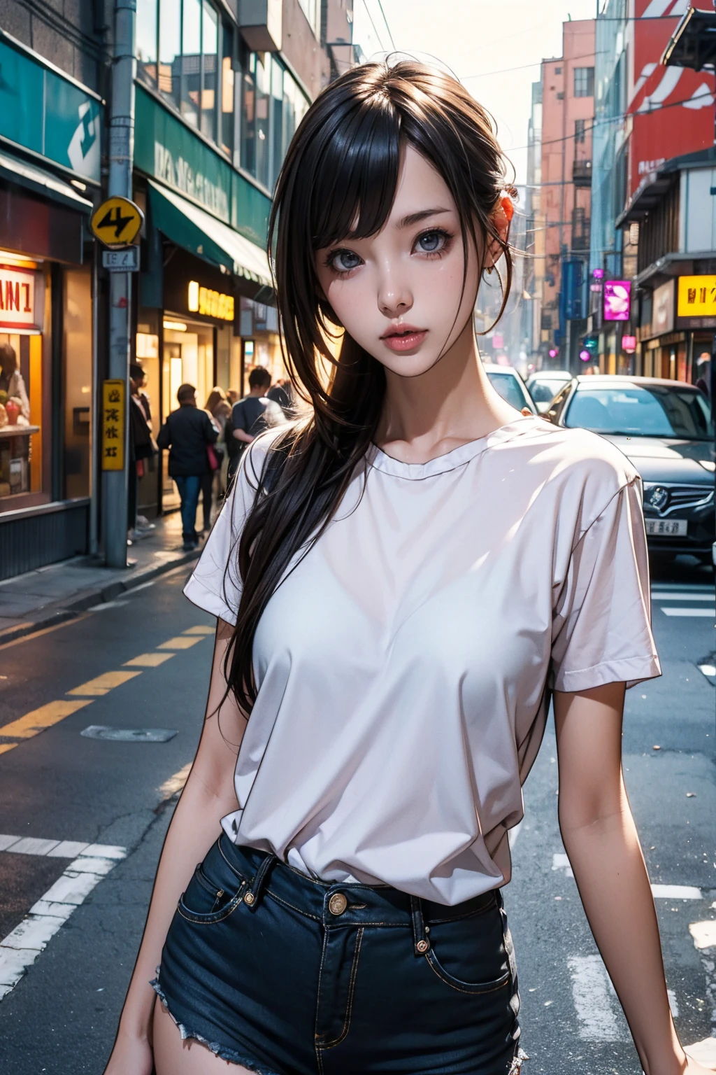 1girl, leaning forward, shirt falling open, blue eyes, breasts, downblouse, jewelry, lips, long hair, looking at viewer, medium breasts, shirt, necklace, pendant, photorealistic, realistic, solo,