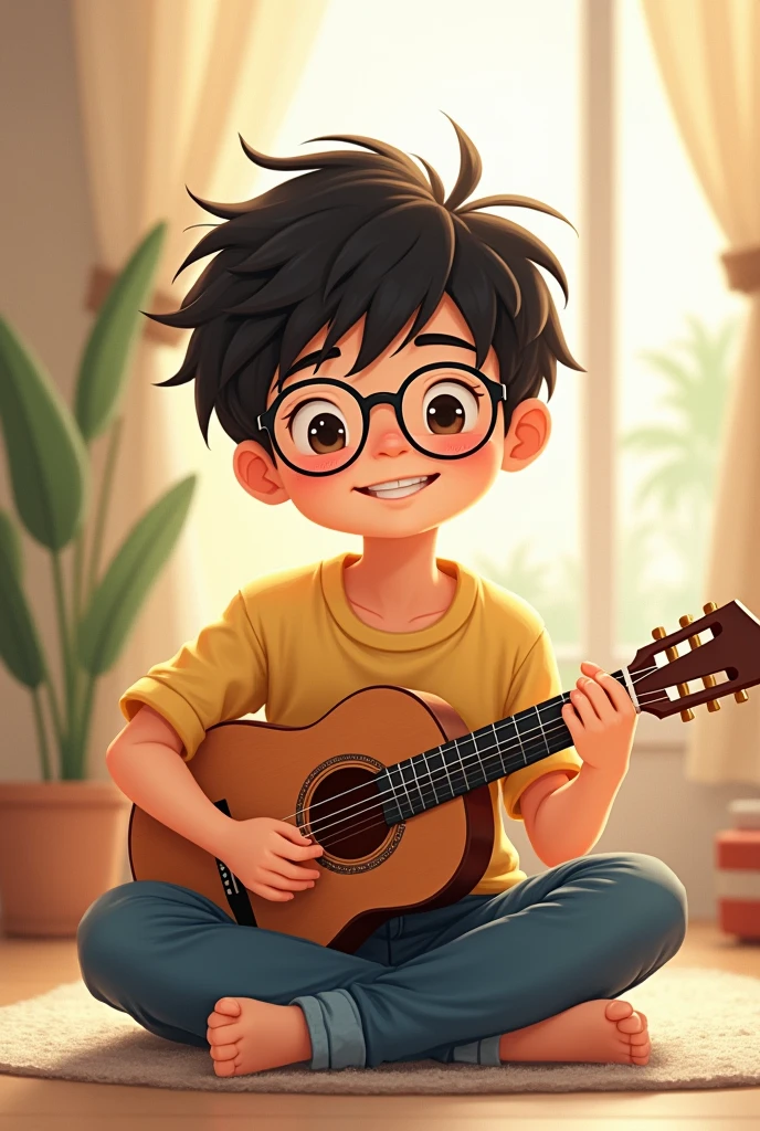 Please show me an illustration of a boy with black-rimmed glasses, lightly permed black hair that reaches his shoulders, sitting cross-legged with a guitar and smiling happily.