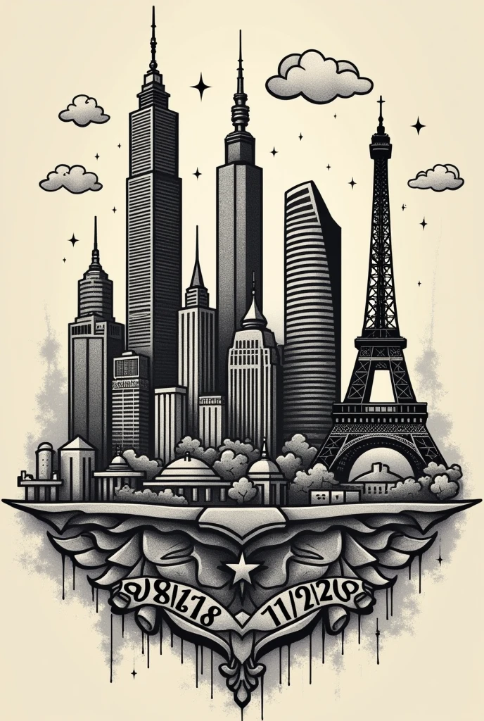 Tatouage style old-school en noir et blanc, la tour 101 de Taipei, le Perth skyline et la tour Eiffel. Rajouter le 15/08/2016 et le 11/12/2020