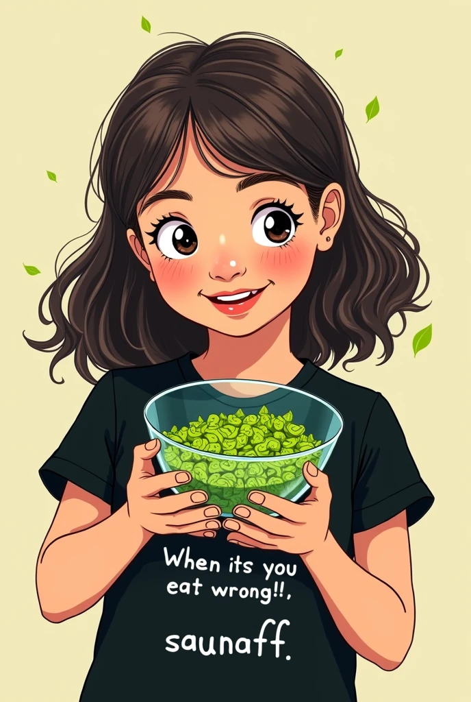 Image:
Indian roasted jungle green small Fennel seeds in white glass bowl, held by a girl in her hand, show only hand like she raised the bowl, no body or face. Animated

Display with image:
"When it's wrong, eat saunff"

Now printt this image on the front of the black tshirt like a print, show final tshirt
