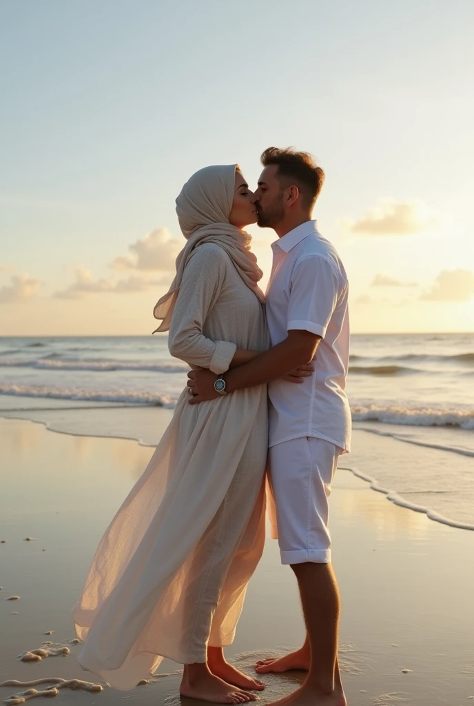 Barefoot woman in headscarf kissing her boyfriend on the beach