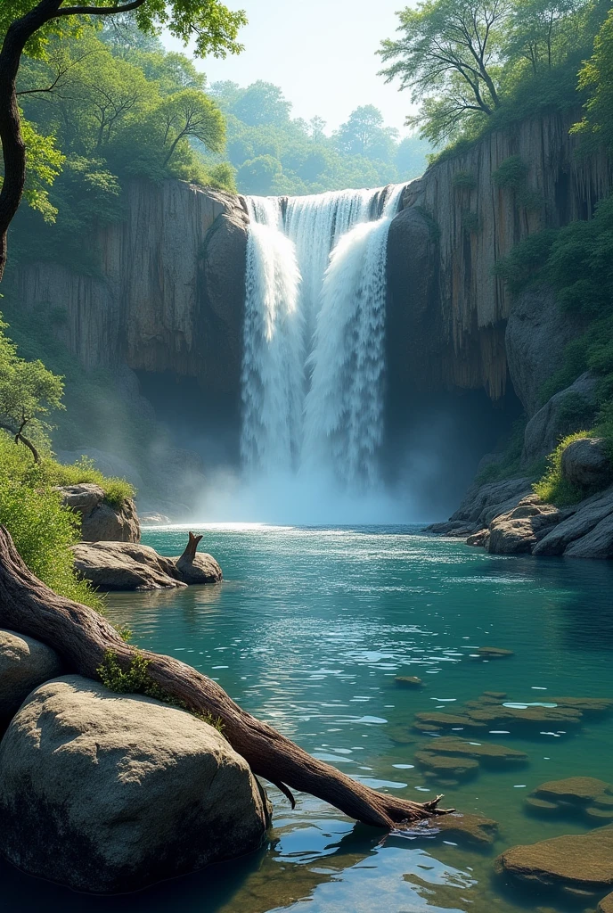 Waterfall with rocks and river with tree trunk