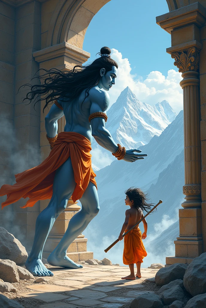 A small boy with long hair stops lord Shiva from entering into a palace in Himalayas
Boy has stick with one hand and stops lord Shiva fromm the other hand
Boy wears old style dhoti orange