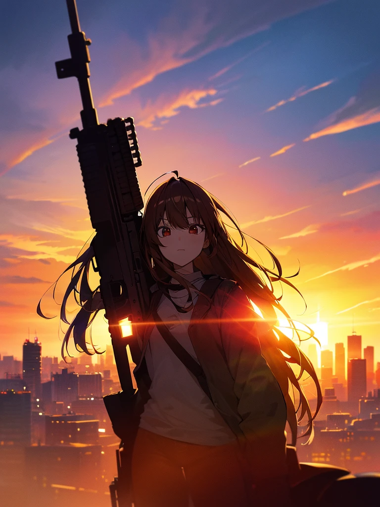 force, Multiple names, Cityscape, building, Skyline, sunset, Silhouette against a cloud background, meditation. Watching the beautiful sunset, sunset時に, sunset時, sunsetとともに, In the sunset, Nice views, Sunset view, With the sunset, sunset時に, During Golden Hour, looking sunset時に, Sunset in the background, Watching the sunset, In the spotlight, holding_gun, assault_rifle, Very detailed, Brown Hair, Long Hair, Anime Style, whole body, alone, Stylish Gunfighter Girl, Holding a steampunk long barrel pistol,Standing in the wasteland, 8K high resolution, White Background, The background is a dark and desolate landscape, Horror movie atmosphere. Her figure is very beautiful, Emphasizing the dark and crazy elements. Skillfully expressing the effects of light and shadow, Anime girls with guns and rifles, from Girls' Frontline, mechanized soldier girl, Girls' Frontline style