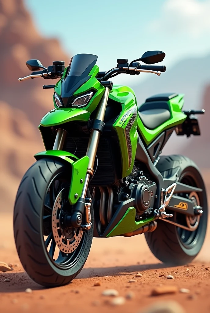 A seemingly fast green motorcycle with big, thick wheels and a very exuberant bodywork