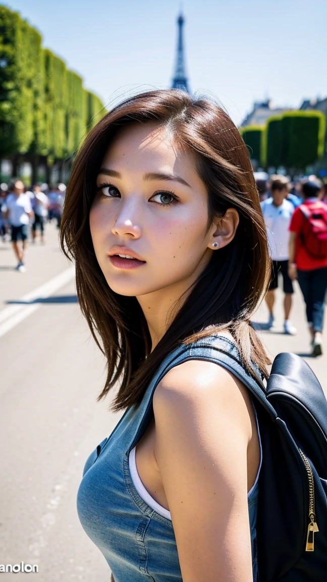 masterpiece, transition to the streets of Paris in the middle of a sporting event of the 2024 Olympics, a lone figure walking through the crowd, A beautiful 32-year-old American woman emerges wearing casual chic summer clothes, White skin, by rubio, gray blue eyes, Freckles in the face, Skinny body, small breasts, Very detailed face, ultra realistic face, very beautiful face, Clean but curious face, tourist clothing with accessories such as a backpack and a map, surrounded by iconic Parisian buildings and Olympic banners, 16k, ultra high resolution. photorealistic, HD, raw, DSLR, with the face of Jennifer Lawrence.