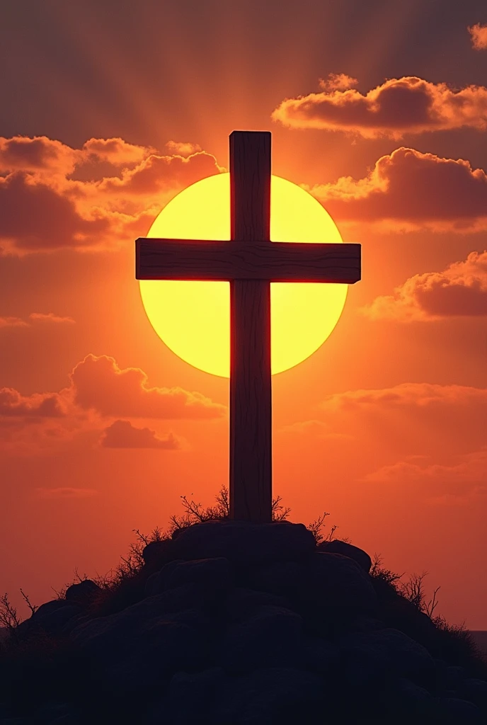 Make me a picture of a cross with a sunset behind it, and below the cross it says in memory of Matilde Vigil Rodrigues    