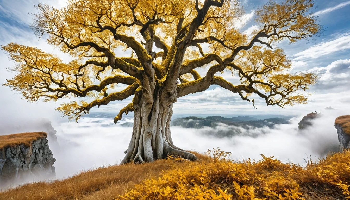((masterpiece, Fantasy,300km of Golden Trees, Ancient tree trunk, Golden Leaf, Cloudy sky on background, Looking up angle)),cliff, grassland, fog