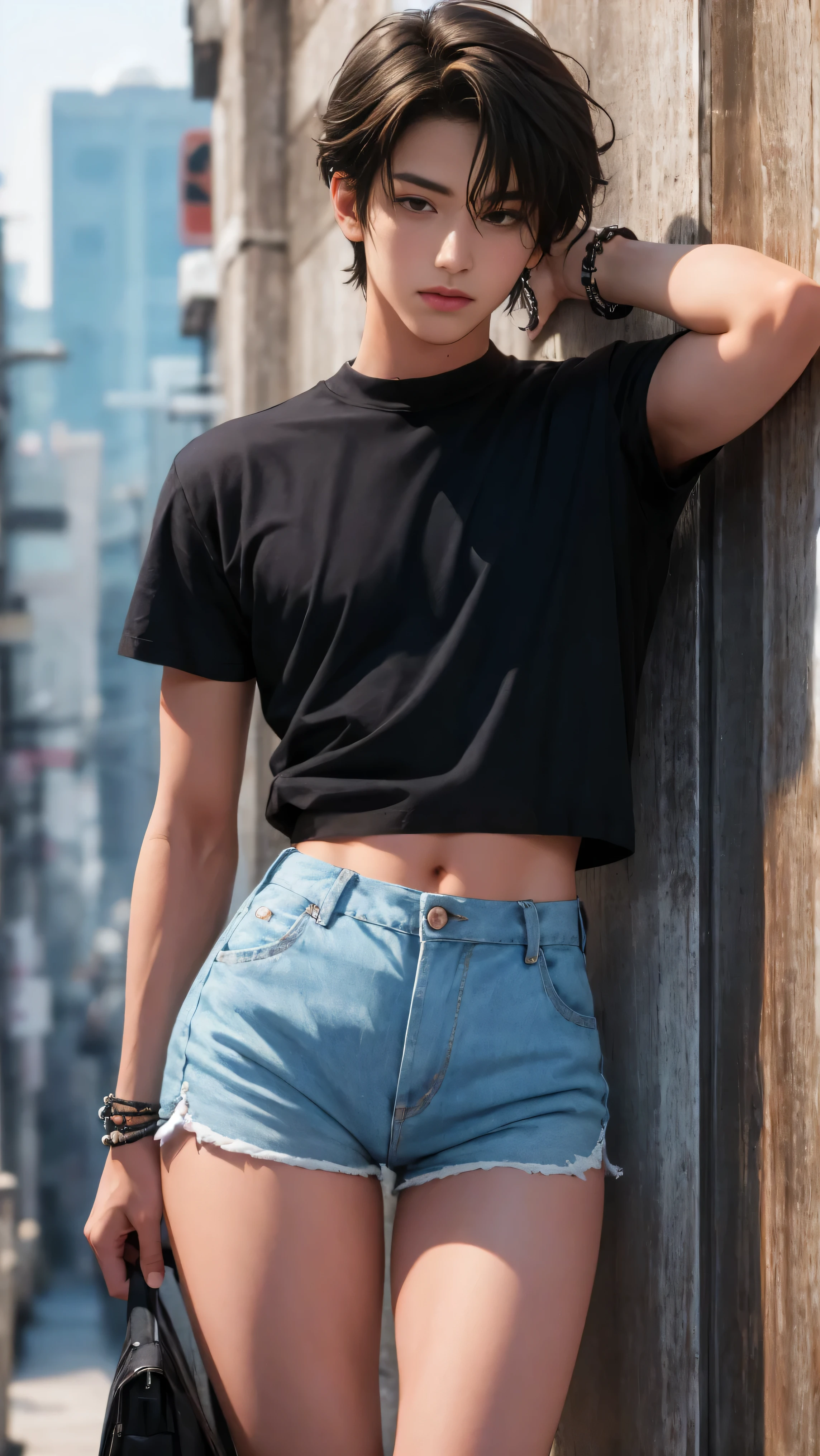 Handsome boy 18 years old, tanned, cute face, brown eyes, dark hair, bangs, wearing short sleeved cropped shirt and excessively short mini shorts, long slim legs, bracelets, flirtatious pose, hot summer, top quality