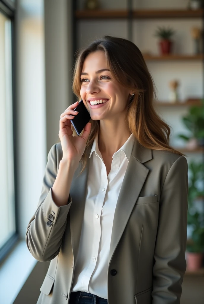 A photorealistic image of a young professional white woman holding a smartphone to her ear as if receiving a call. She is smiling warmly and looks engaged in conversation. The woman should be wearing business casual attire. She is standing in an office or home office setting with soft, natural lighting. The focus should be on her face and the phone, with the background slightly blurred but the image should show her waist up. The image should have high resolution and look like a stock photo or professional photography, not an illustration or cartoon.