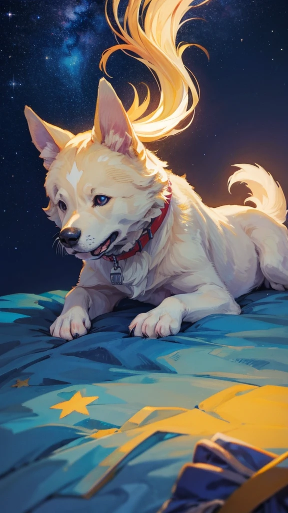Make a dog looking at the starry sky at night