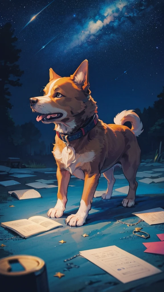Make a dog looking at the starry sky at night