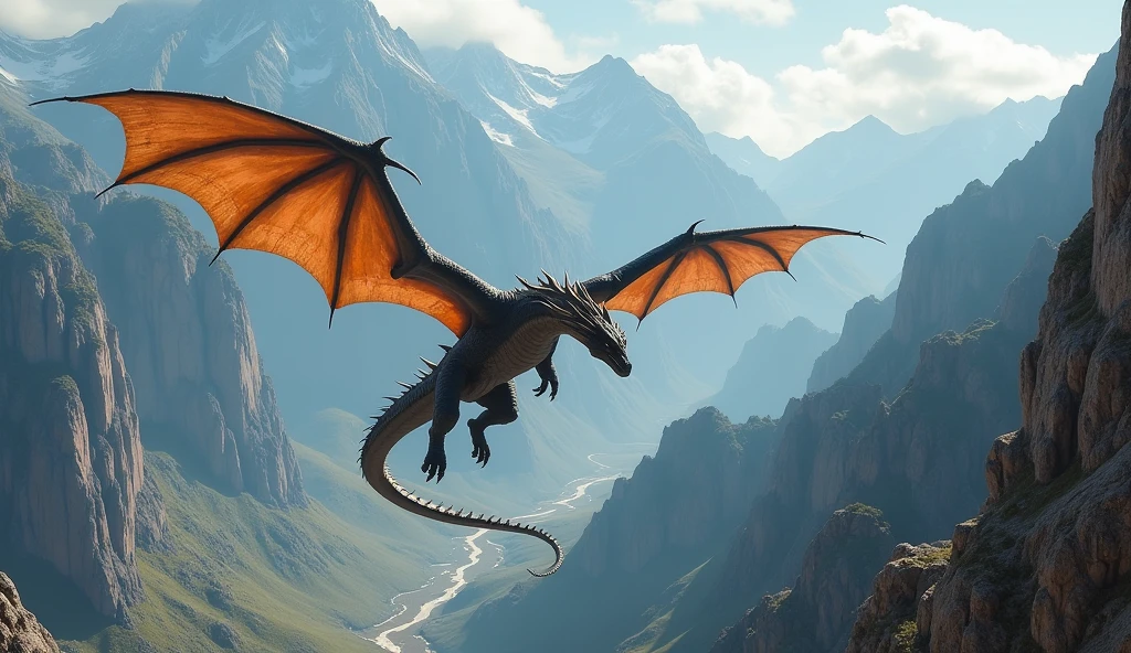 long shot of [[dragon, 4 legs, 2 wings, legs flattened against the body]] flying above a mountain valley