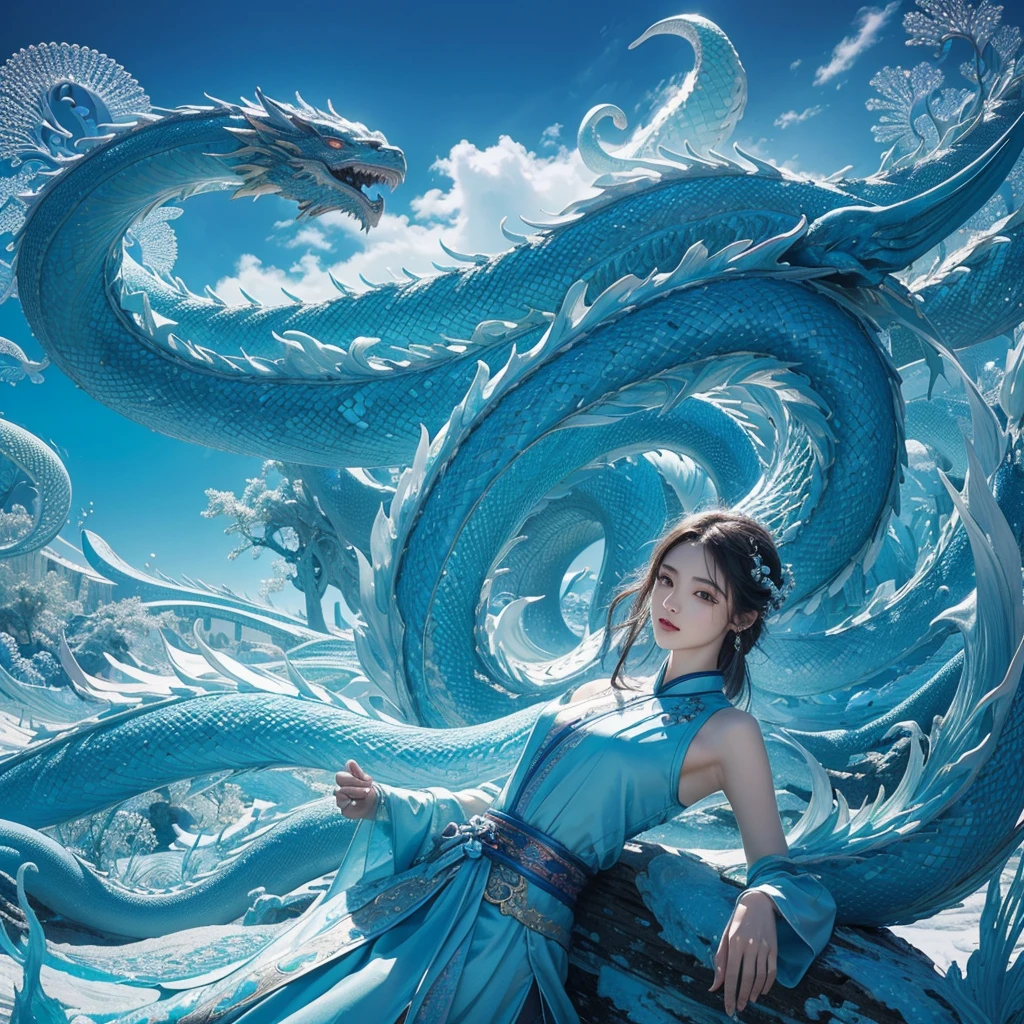 *تحفة 8K, Top quality, Best quality, Official art, (Beauty and aesthetics: 1.3), Very detailed, (Fractal art: 1.3), Colorful, Ice and Chinese Dragon, Serpentine body, claw, Sky blue , Hanfu, Sky blue,Near the village in the lake, very very huge