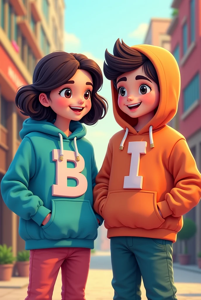cartoon girl and boy wearing hoodies printed letter B on gril hoddie and letter I on boy hoodie