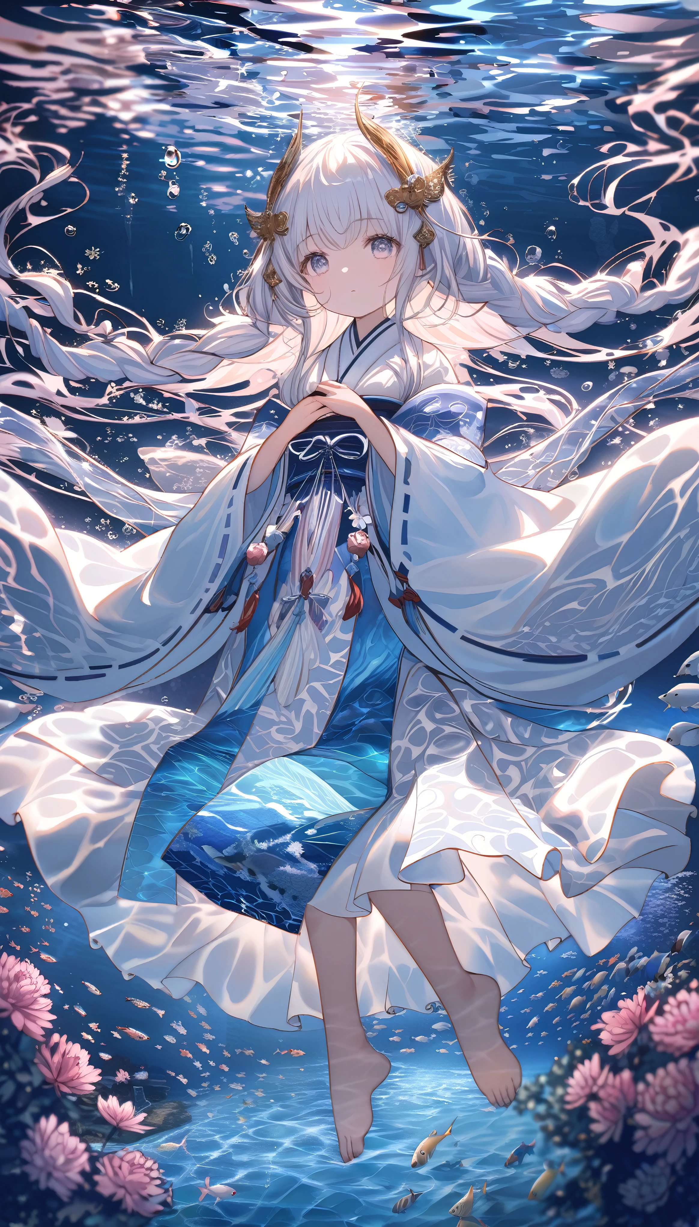 (full body), (solo), (A 7-year-old girl:1.2), (very young little girl), loli, (Solo), (small breast), (wide angle), raw photo, Aesthetic, Convoluted, Awarded, chiaroscuro, Best Quality, Detailed background, (underwater atmosphere:1.2), (underwater photo, floating drowning:1.1), ((Girl in very long shrine maiden:1.2)), detailxl, As she submerges into the watery depths, the miko-zukuri undergoes a metamorphosis, transforming into an aquatic masterpiece. The haori, once a river of pristine white silk flowing on land, now becomes an undersea current, its hem swaying with the rhythm of the water. The fabric, saturated with the essence of the sea, clings to her form, accentuating her graceful movements with an ethereal fluidity.

The embroidery on the haori, those delicate motifs of cherry blossoms and chrysanthemums, now appear as if they are blooming underwater. The threads, glistening with mother-of-pearl, seem to capture the fleeting light that filters through the water's surface, casting a soft glow around the girl, as if she were a living embodiment of the sea's hidden treasures.

The hakama, that deep crimson skirt, now mirrors the color of the ocean's heart, its brocade pattern shimmering with an underwater radiance. The metallic threads that once danced with the lightning above now reflect the subtle play of light beneath the waves, creating a mesmerizing spectacle of light and shadow that follows her every move.

Her long, flowing braid, secured with a white ribbon embroidered with cherry blossoms, now sways with the underwater currents, the ribbon fluttering like a school of tiny, white fish around her. The traditional obi around her waist, a tapestry of colors and patterns, now ripples with the water, its design taking on a life of its own, as if the threads themselves were weaving a new story within the aquatic realm.

In this underwater realm, the girl is no longer simply a shrine maiden; she is a siren of the deep, her miko-zukuri transformed into a garment