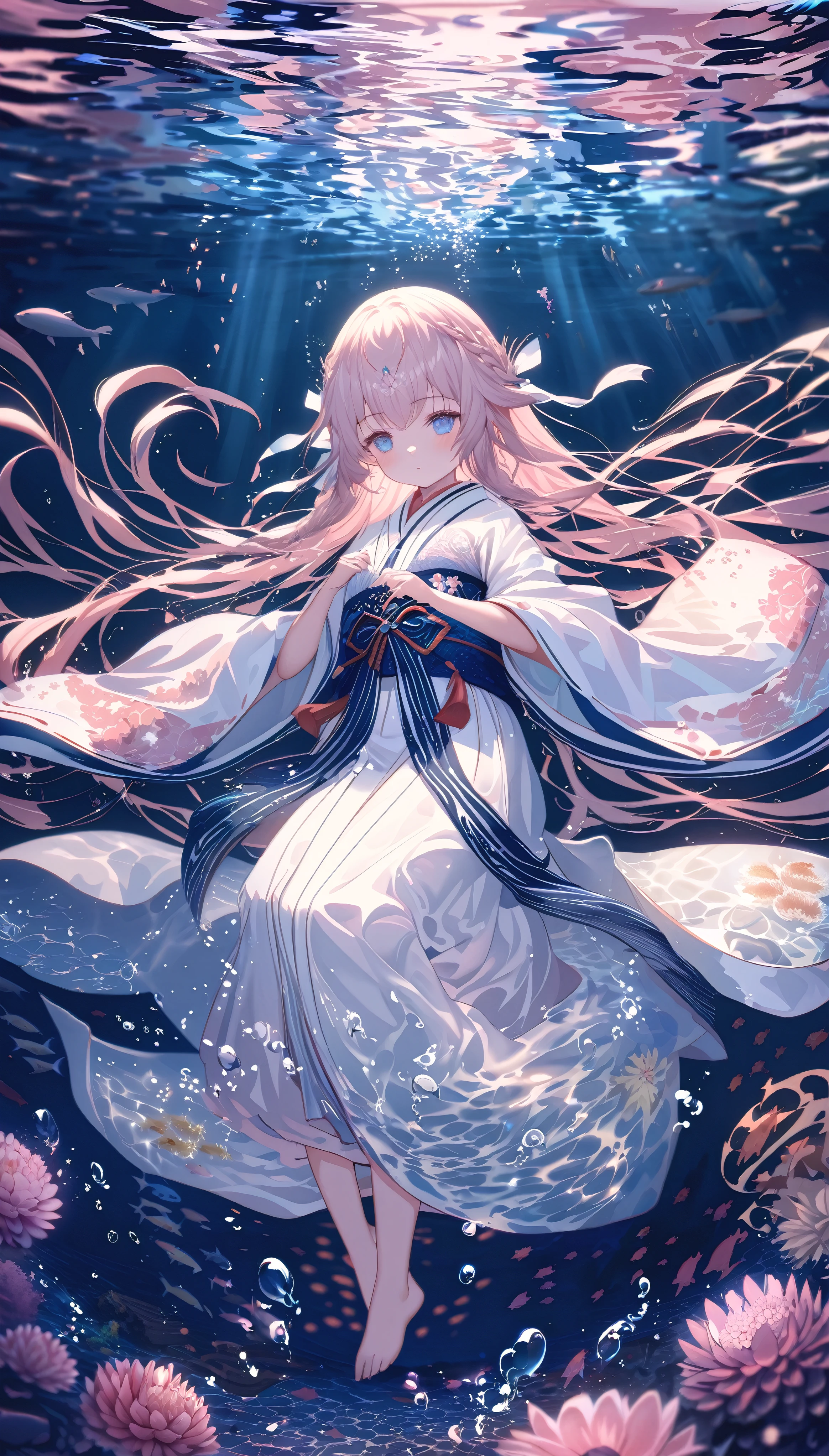 (full body), (solo), (A 7-year-old girl:1.2), (very young little girl), loli, (Solo), (small breast), (wide angle), raw photo, Aesthetic, Convoluted, Awarded, chiaroscuro, Best Quality, Detailed background, (underwater atmosphere:1.2), (underwater photo, floating drowning:1.1), ((Girl in very long shrine maiden:1.2)), detailxl, As she submerges into the watery depths, the miko-zukuri undergoes a metamorphosis, transforming into an aquatic masterpiece. The haori, once a river of pristine white silk flowing on land, now becomes an undersea current, its hem swaying with the rhythm of the water. The fabric, saturated with the essence of the sea, clings to her form, accentuating her graceful movements with an ethereal fluidity.

The embroidery on the haori, those delicate motifs of cherry blossoms and chrysanthemums, now appear as if they are blooming underwater. The threads, glistening with mother-of-pearl, seem to capture the fleeting light that filters through the water's surface, casting a soft glow around the girl, as if she were a living embodiment of the sea's hidden treasures.

The hakama, that deep crimson skirt, now mirrors the color of the ocean's heart, its brocade pattern shimmering with an underwater radiance. The metallic threads that once danced with the lightning above now reflect the subtle play of light beneath the waves, creating a mesmerizing spectacle of light and shadow that follows her every move.

Her long, flowing braid, secured with a white ribbon embroidered with cherry blossoms, now sways with the underwater currents, the ribbon fluttering like a school of tiny, white fish around her. The traditional obi around her waist, a tapestry of colors and patterns, now ripples with the water, its design taking on a life of its own, as if the threads themselves were weaving a new story within the aquatic realm.

In this underwater realm, the girl is no longer simply a shrine maiden; she is a siren of the deep, her miko-zukuri transformed into a garment