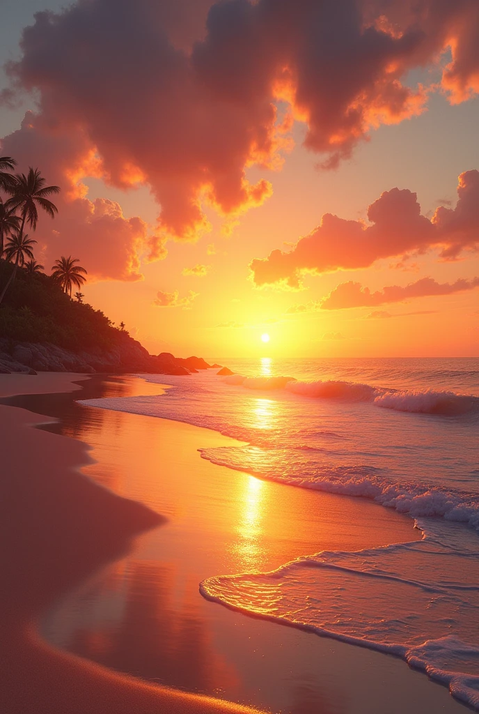 Sunset view on a beach with orange and yellow shades