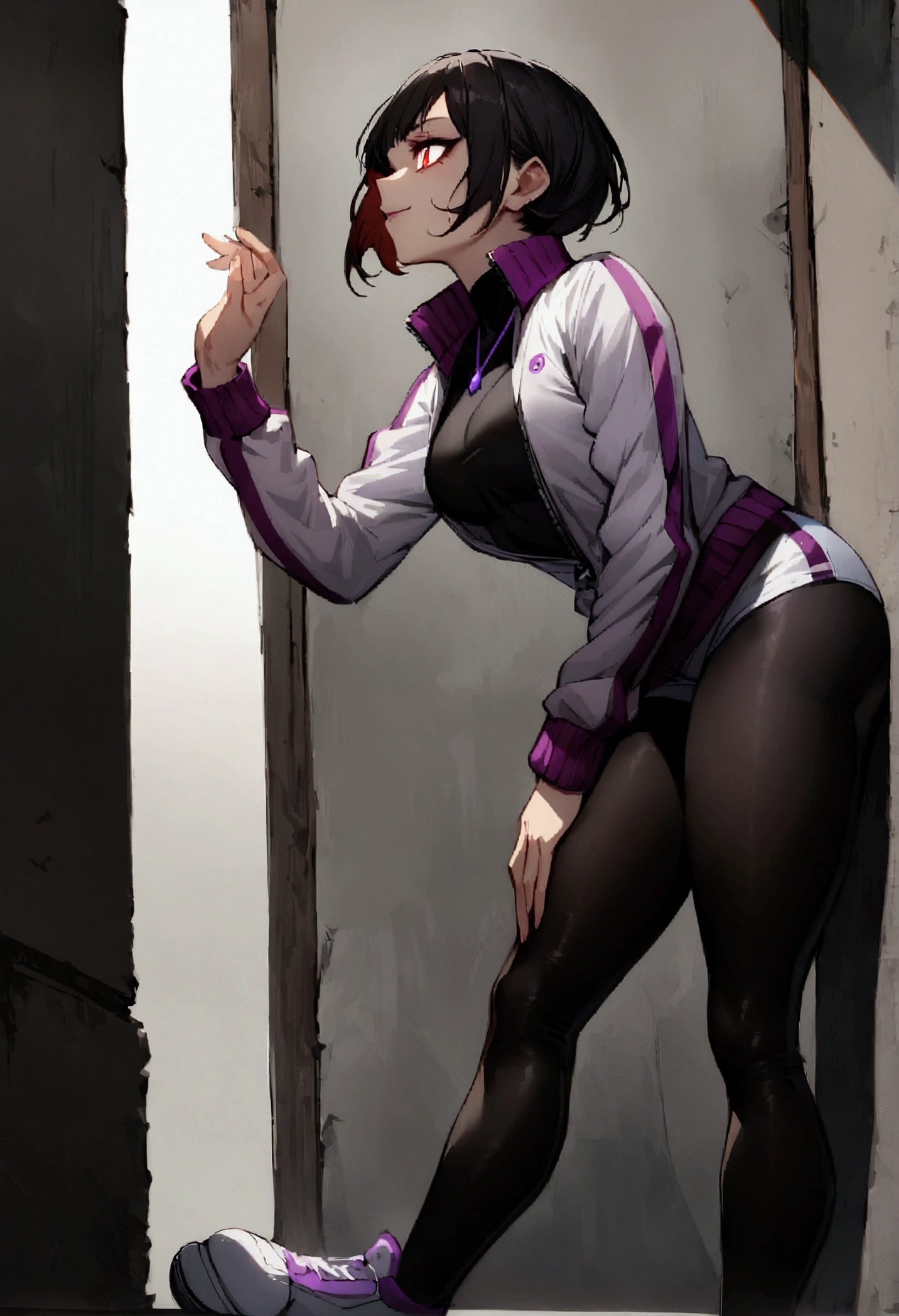 1 female, fierce gangster, asian, pistol tucked in pants, cute slanty eyes, full sleeve geisha tattoos on right arm, teardrop tattoo under eye, hip hop clothes, realistic lips, oversized white t-shirt, hourglass figure, on the street corner, light brown hair, purple eyes, angry, red hair, slit pupils, baseball cap, best quality