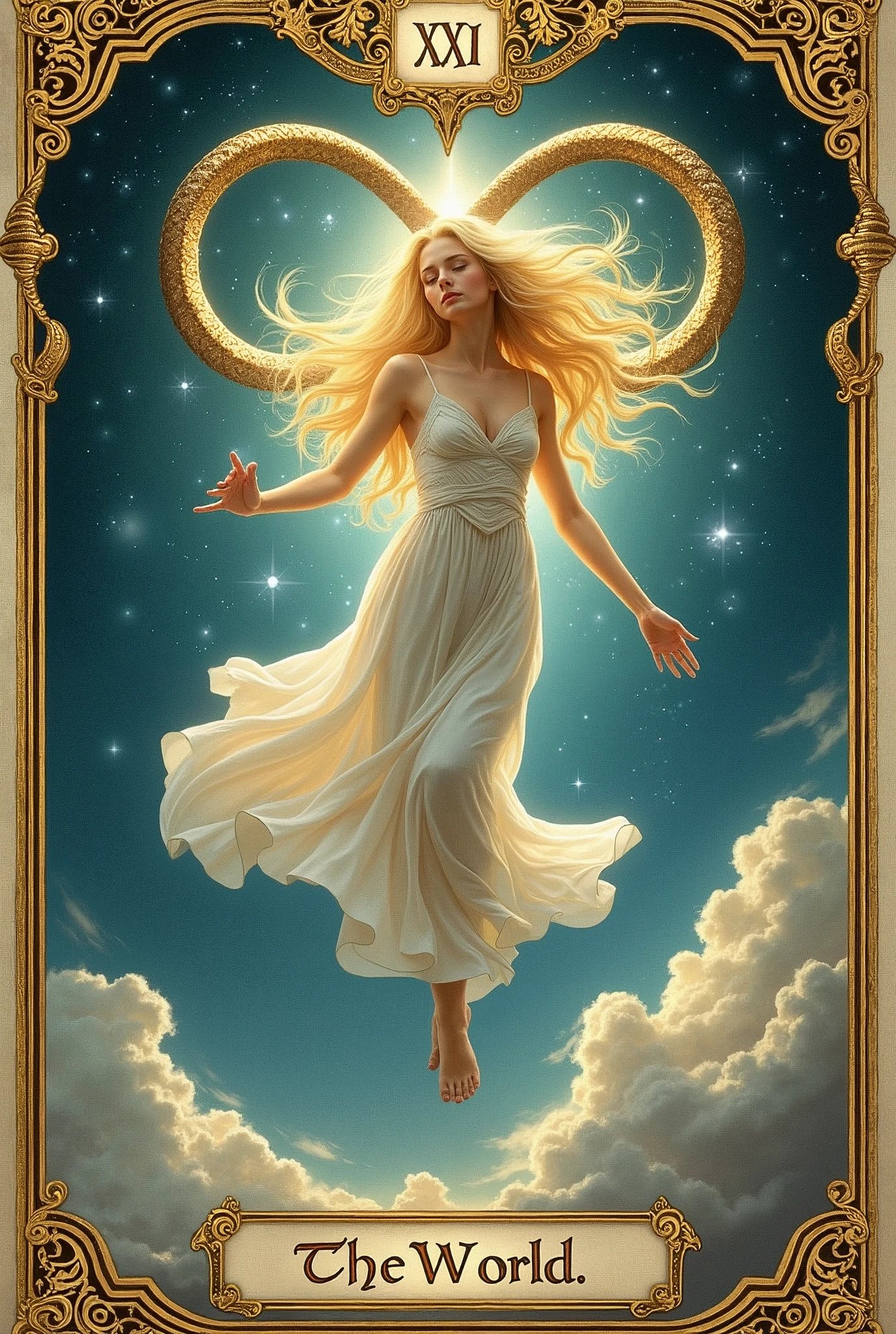 a card, intricate detailed tarot card illustration, tarot card, tarot card "the word", card header text "XXI", card footer text "The World", text font style medieval, blond hair goddess, white dress, floating in the sky, ((infinity symbol background)), infinity symbol, ouroboros symbol, cinematic lighting, dramatic shadows, vivid colors, rich color palette, surreal tarot card, mystical landscape, shimmering details, ornate patterns
