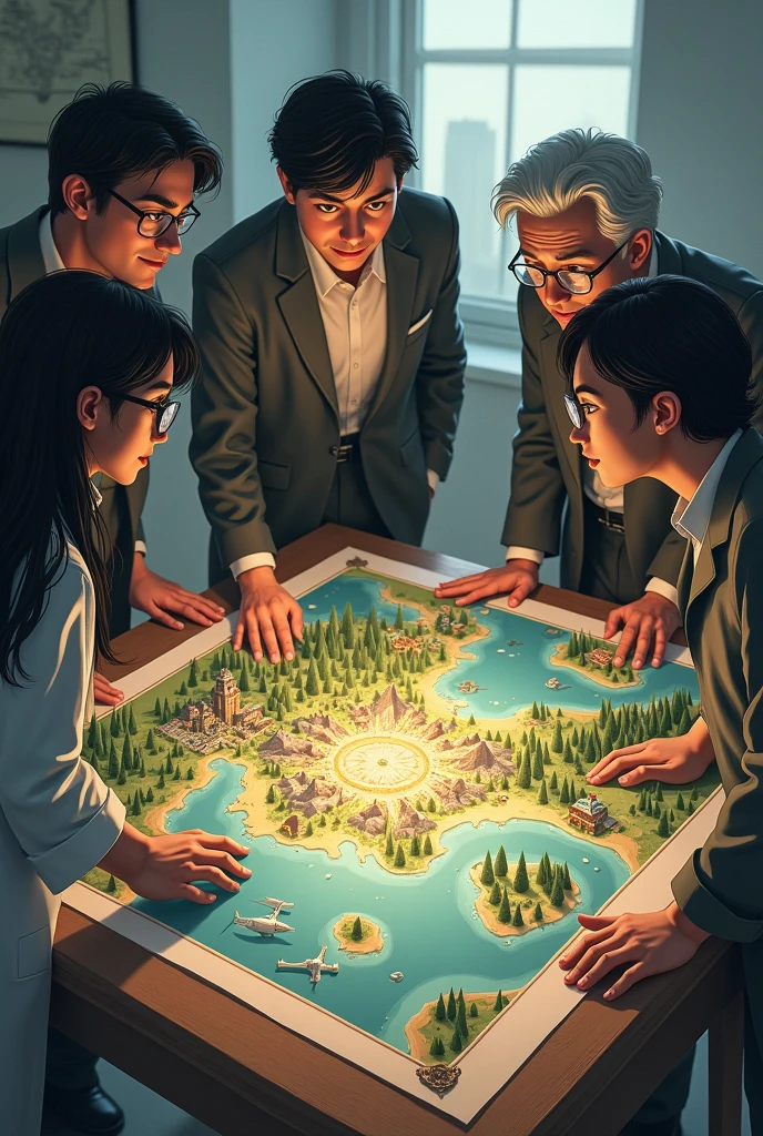 On a table a. Group of scientists two young men with black hair and an old man and a white-skinned woman with loose black hair looking at a large illustrated map with landscapes such as mountains, a town and city and forests without sea.
