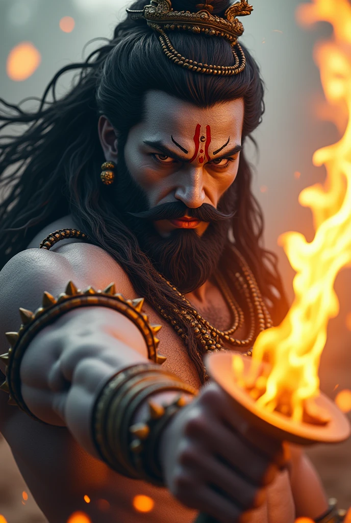 a powerful huge body, huge arms, muscular lord shiva, day light, lord shiva, ((throwing trishul towards the viewer, burning trushul, very charming face,)), closeup shot, extremely detailed skin and well detailed eyes (best quality,4k,8k,highres,masterpiece:1.2),ultra-detailed,(realistic,photorealistic,photo-realistic:1.37),dramatic lighting,cinematic composition,intricate details,vibrant colors,mystical atmosphere, fire and foggy blurry environment , dynamic action