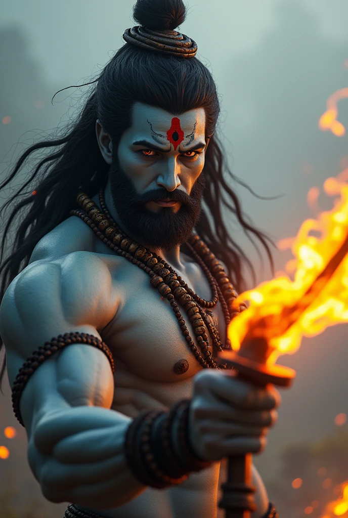 a powerful huge body, huge arms, muscular lord shiva, day light, lord shiva, ((throwing trishul towards the viewer, burning trushul, very charming face,)), closeup shot, extremely detailed skin and well detailed eyes (best quality,4k,8k,highres,masterpiece:1.2),ultra-detailed,(realistic,photorealistic,photo-realistic:1.37),dramatic lighting,cinematic composition,intricate details,vibrant colors,mystical atmosphere, fire and foggy blurry environment , dynamic action