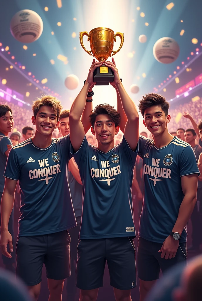 In the circle Four adult boys are showing pro trophy in the middle of blackground. Four adult boys have different hair colour, different hair style and muscle body. In the background many people are playing battleground game. They are wearing expensive t-shirt and writing "We Conquer".