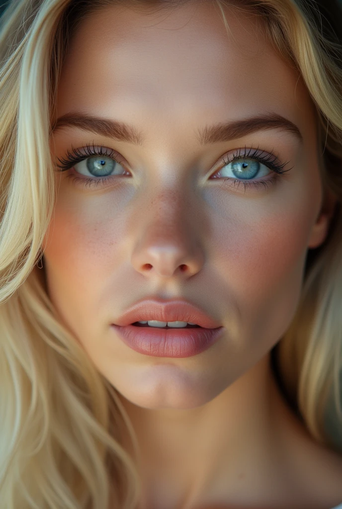 close-up of a stunning fashion model, blonde woman, blue eyes, ultra-realistic, portrait, shot on a Sony A7III, high quality --ar 35:64 --stylize 250