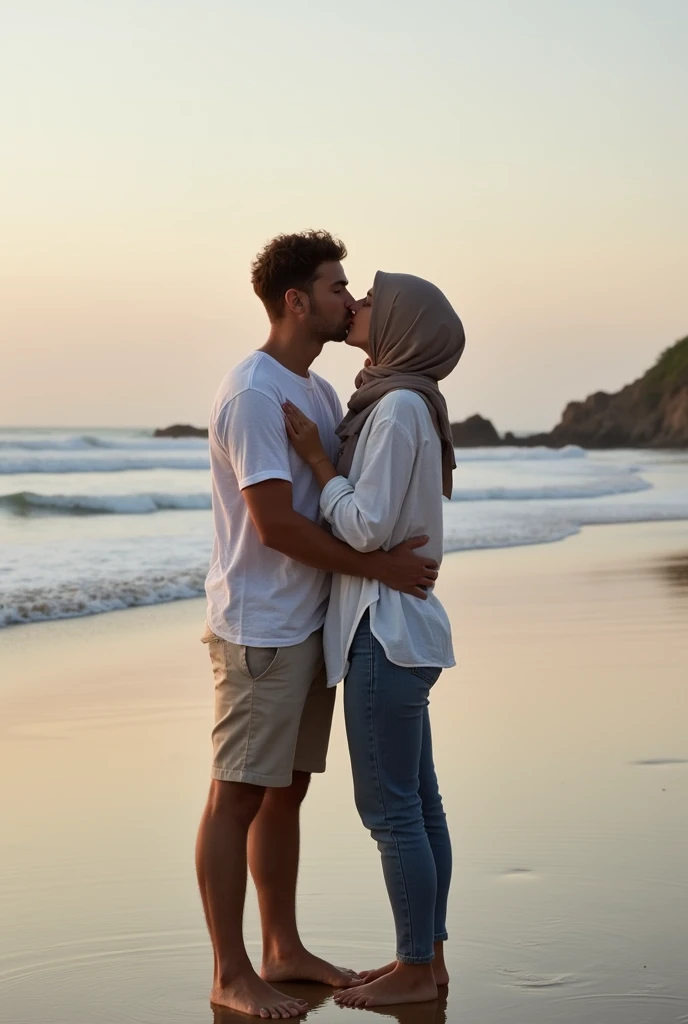Barefoot woman in headscarf kissing her boyfriend on the beach