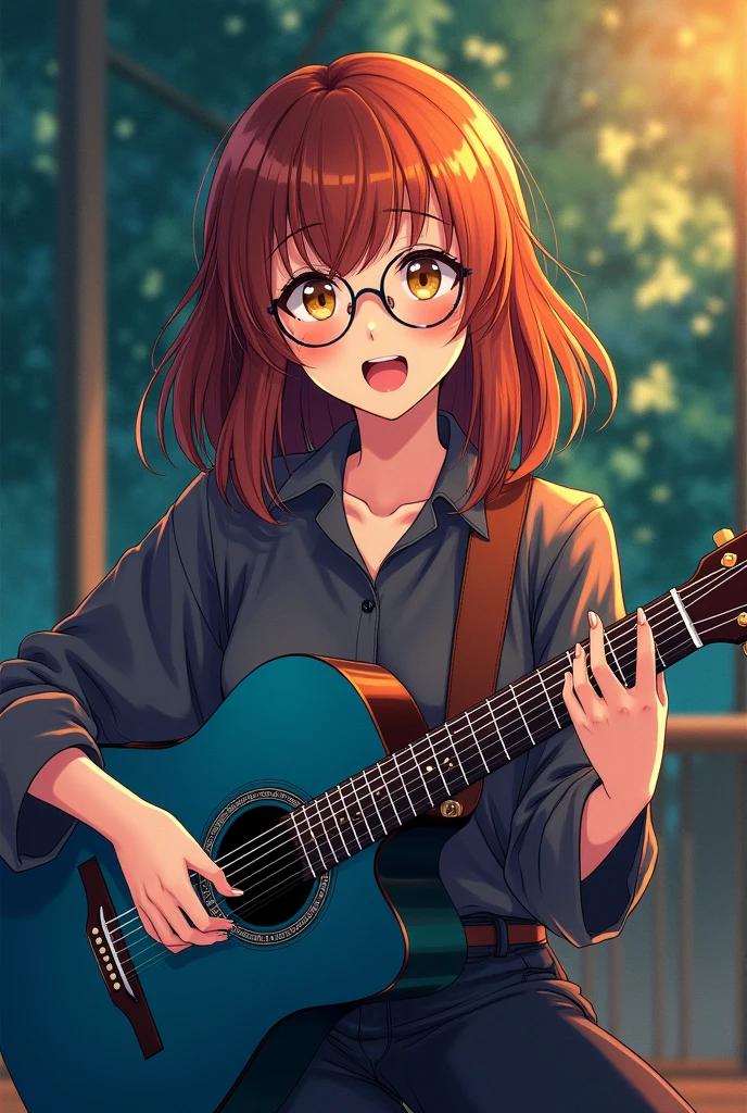 Adult Japanese woman playing a deep blue colored acoustic guitar、Hair color is reddish brown、Singing with a smile。Eye color: yellow。Hair length is semi-long。Illustrations that are not hot but beautiful。Mysterious atmosphere。Overall colorful。Try on some round rimless glasses。