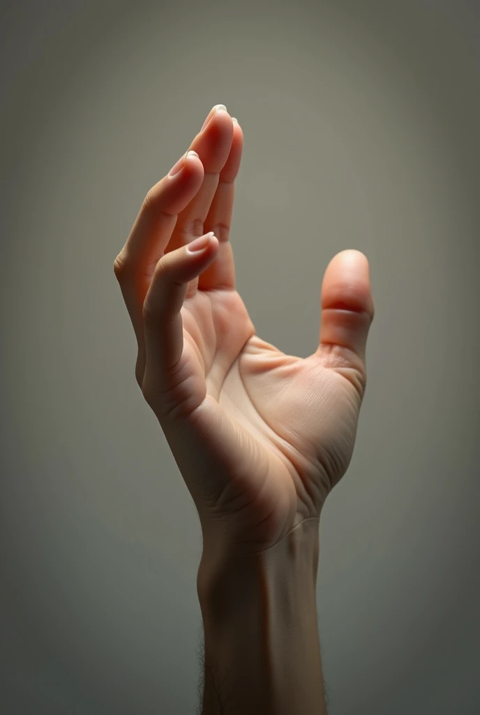 A realistic human hand, slightly lit, image-centered, with fingers outstretched as if about to grab something invisible. The background is neutral and out of focus, highlighting the hand. Light creates soft shadows, adding depth and dramatic touch to the scene. The skin of the hand has a natural texture, with visible details such as lines and folds, conveying a sense of expectation or potential, as if about to hold an intangible idea or concept."








