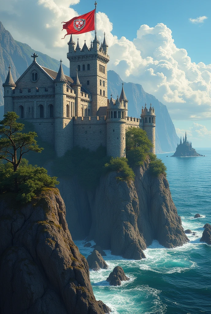 (medieval) a big castle with a large courtyard, the castle has flags with a logo of the family "redsoil", behind the castle is a cliff to the ocean, and in the background there is a black island