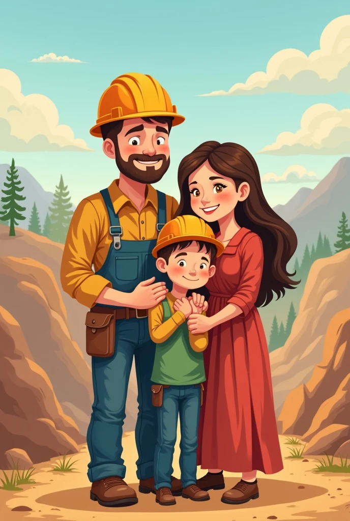 Illustration of a family of a husband who works in mining with his 6-year-old daughter, his 3-year-old son and his wife, the four embraced and loved