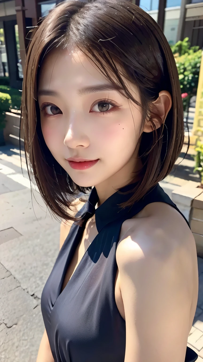 shoot from below、One beautiful girl、Long silky brown hair with a short bob haircut, Highly detailed and realistic face and skin, Subtle lighting, Ultra-realistic 16k close-up of human skin, Perfect pores and natural skin texture, collared dress,