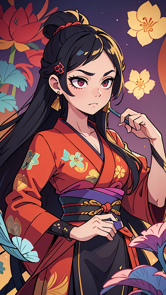 (stand:1.3), (looking forward: 1.3), manequin, straight pose, samurai-inspired dress, detailed ornate kimono-style dress, with elegant curved lines and flowing fabric, detailed floral and geometric patterns, beautiful detailed face, detailed eyes and makeup, long flowing hair, dramatic lighting, vibrant colors, cinematic composition, digital art, concept art, highly detailed, photorealistic, 8k, best quality