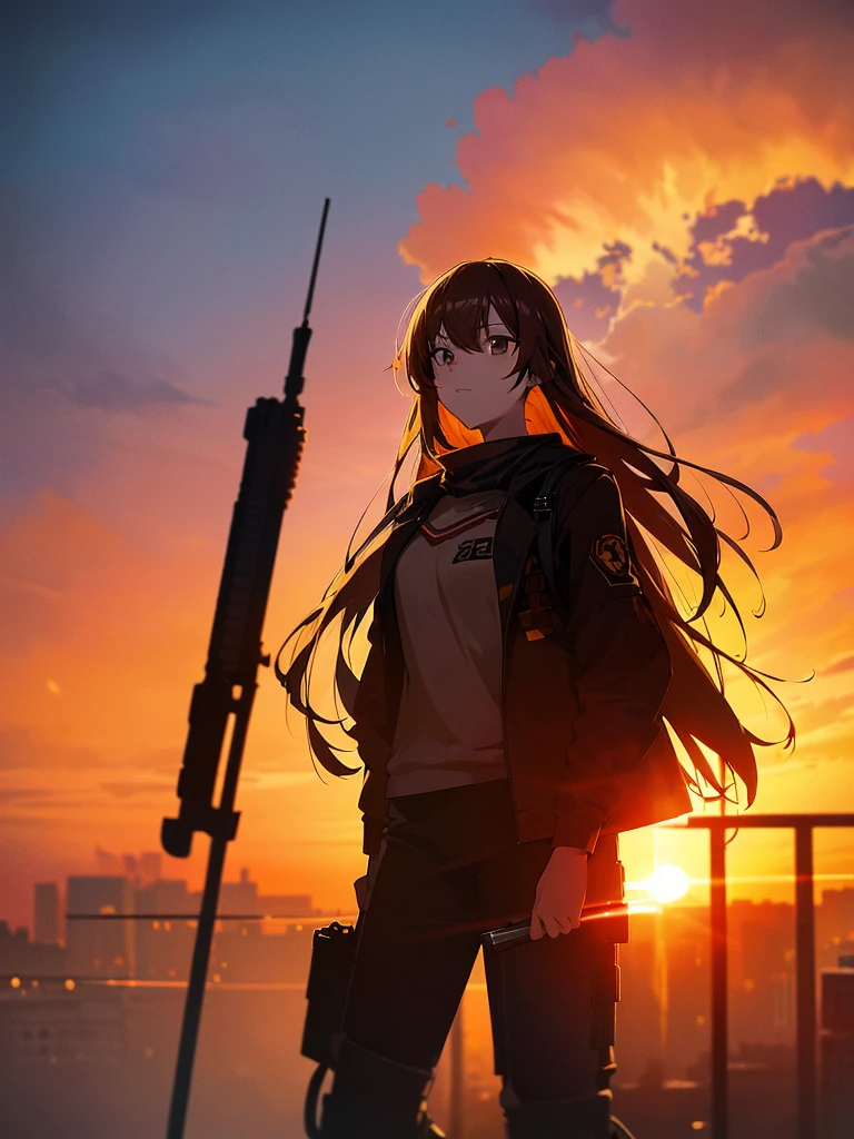 force, Multiple names, Cityscape, building, Skyline, sunset, Silhouette against a cloud background, meditation. Watching the beautiful sunset, sunset時に, sunset時, sunsetとともに, In the sunset, Nice views, Sunset view, With the sunset, sunset時に, During Golden Hour, looking sunset時に, Sunset in the background, Watching the sunset, In the spotlight, holding_gun, assault_rifle, Very detailed, Brown Hair, Long Hair, Anime Style, whole body, alone, Stylish Gunfighter Girl, Holding a steampunk long barrel pistol,Standing in the wasteland, 8K high resolution, White Background, The background is a dark and desolate landscape, Horror movie atmosphere. Her figure is very beautiful, Emphasizing the dark and crazy elements. Skillfully expressing the effects of light and shadow, Anime girls with guns and rifles, from Girls&#39; Frontline, mechanized soldier girl, Girls&#39; Frontline style