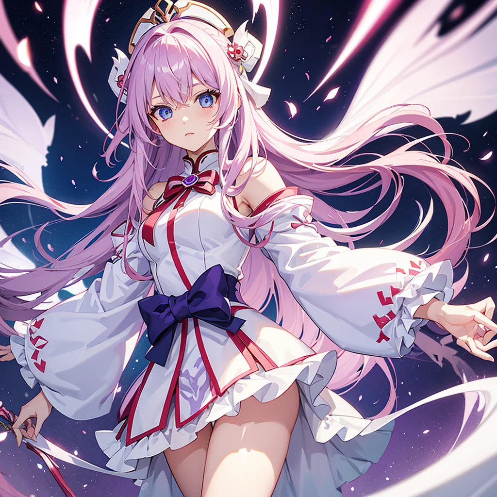 Woman with long pink hair and blue eyes. Cute white adventurer outfit with purple details and red bow ((estilo genshi impact)) White bloomers. White horns with purple and red decoration. 