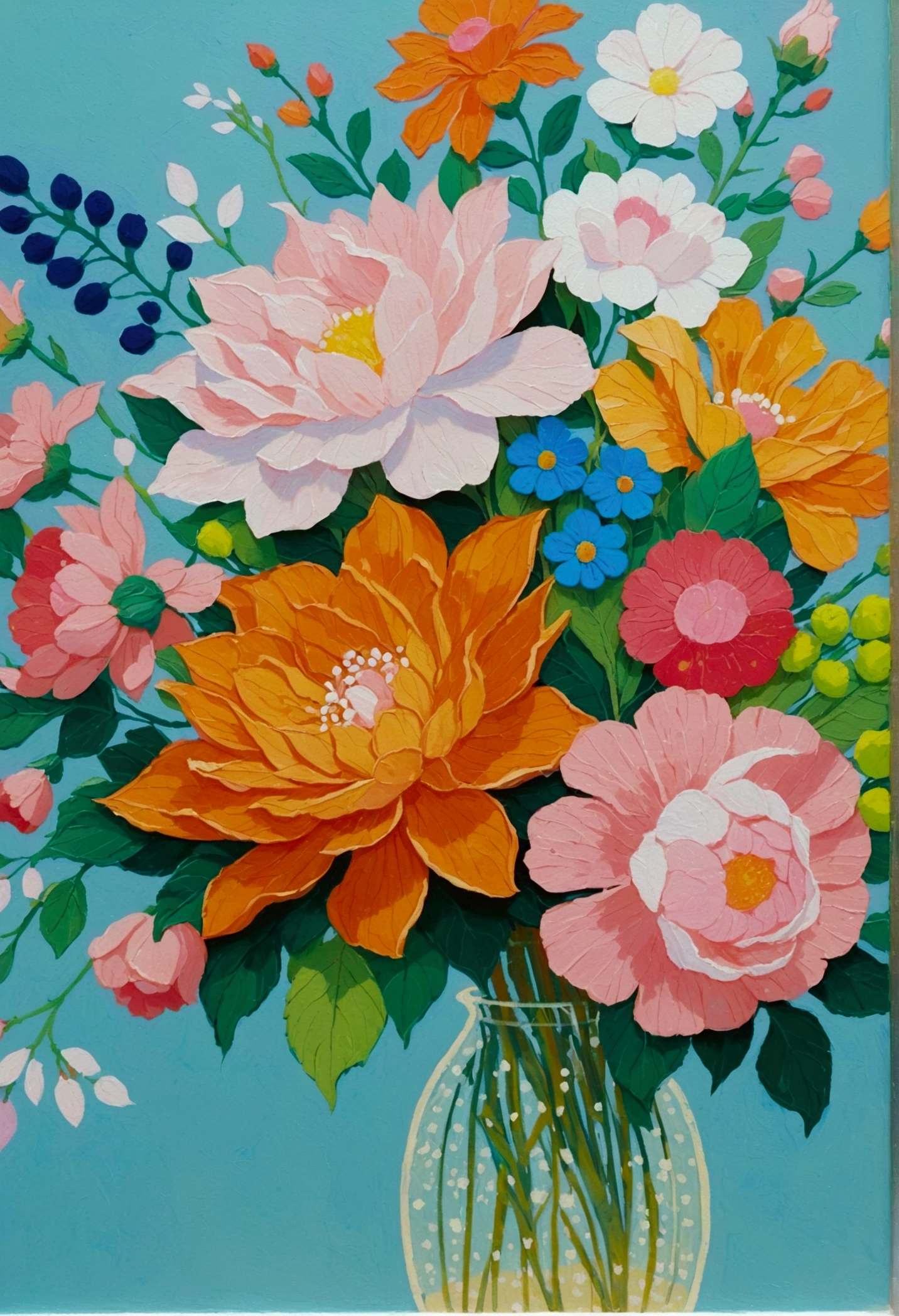 Close up of a painting of a bouquet of flowers, The art style of Dragon King, Shin Jin Hye Art, Inspired by Yoshio Markino, Aoyama Tokio, Hiroyuki, Popular Japanese 3D Ultra Detailed, Goto Indian Summer, Ultra-fine details