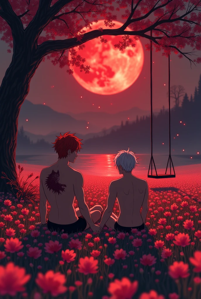 It's happening with the Red Moon in a field of blooming pink flowers, there are several fireflies circling this field of flowers, this field has a lake and because of the Red Moon, it's red, there is a tree with a swing and there is a man sitting in the middle of the flower field with tanned skin and red hair, he is on his back and has a glowing tattoo of a wolf, there is another man with his back to him watching the red moon he has fair skin and white hair they are not wearing clothes, just black boxer briefs and they have no beard and the image has to be in anime The two are holding hands