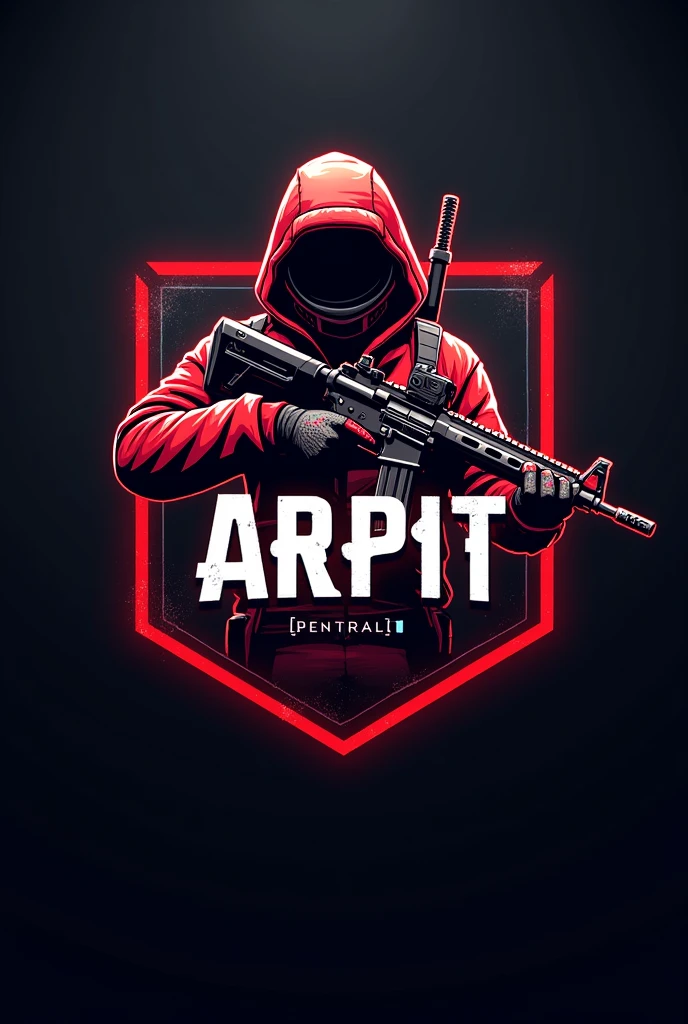 Make a gaming logo with the name of arpit behind name a anime gaming taken a scarl gun of pubg with x suit of pubg boy