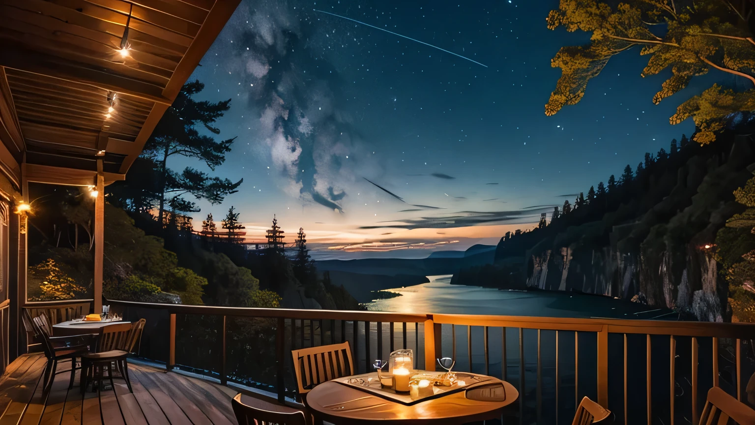 Evening perspective from a cliffside terrace cafe table. The inky black river churns below, moonlight glinting off its restless surface. Overhead, a canopy of stars competes with strung fairy lights. The powerful sound of rushing water fills the night air, occasionally overpowering the gentle tinkling of wind chimes. Fireflies drift lazily above the dark outlines of distant rice fields.