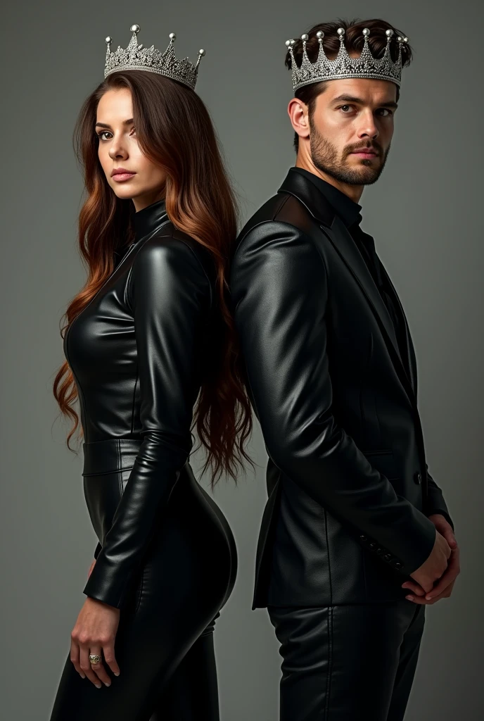 Woman with long brown hair and man, wearing crown and tiara,wearing black leather clothes and back to back